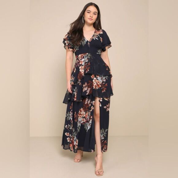 Lulus Midnight Mood Navy Blue Floral Print Tiered Maxi Dress Size Small NEW - Picture 8 of 13